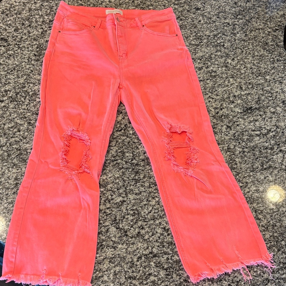 Vibrant Pink Distressed Flare Jeans
